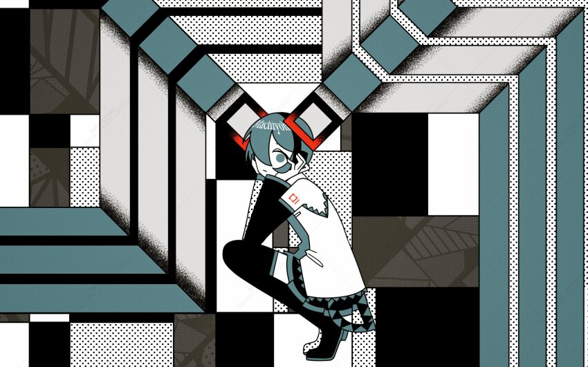 1girl abstract_background aqua_eyes aqua_hair bare_shoulders black_boots black_skirt black_sleeves boots closed_mouth detached_sleeves floating_hair from_side full_body hair_ornament hair_over_one_eye halftone hands_on_headphones hands_up hashtag-only_commentary hatsune_miku headphones highres limited_palette long_sleeves looking_at_viewer looking_to_the_side machigami_yoh miniskirt pleated_skirt shirt skirt sleeveless sleeveless_shirt solo squatting thigh_boots twintails vocaloid white_shirt