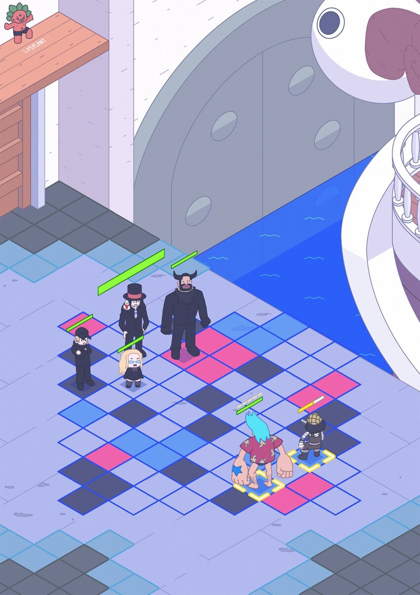 1girl 5boys animal animal_on_shoulder artist_name bandages bird bird_on_shoulder black_dress black_hair blonde_hair blue_hair blueno boat chibi commentary crossed_arms dress franky_(one_piece) glasses going_merry hands_on_own_hips hattori_(one_piece) health_bar highres kaku_(one_piece) kalifa_(one_piece) long_nose lv5plant multiple_boys one_piece pigeon rob_lucci usopp watercraft