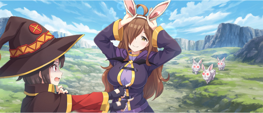 2girls afterimage ahoge animal_ear_hairband animal_ears arms_up black_cape black_gloves black_hat blue_sky breasts brown_hair cape closed_mouth cloud fake_animal_ears fingerless_gloves game_cg gloves glowing glowing_eyes hair_over_one_eye hairband hand_up hat highres horns kono_subarashii_sekai_ni_shukufuku_wo! konosuba!_fantastic_days large_breasts lens_flare long_hair long_sleeves megumin multiple_girls official_art open_mouth outdoors outstretched_arm plateau pointing purple_robe rabbit rabbit_ear_hairband rabbit_ears red_eyes robe shaded_face short_hair sideways_mouth single_horn sky small_sweatdrop smile sparkle third-party_source wide_brim witch_hat wiz_(konosuba) yellow_eyes