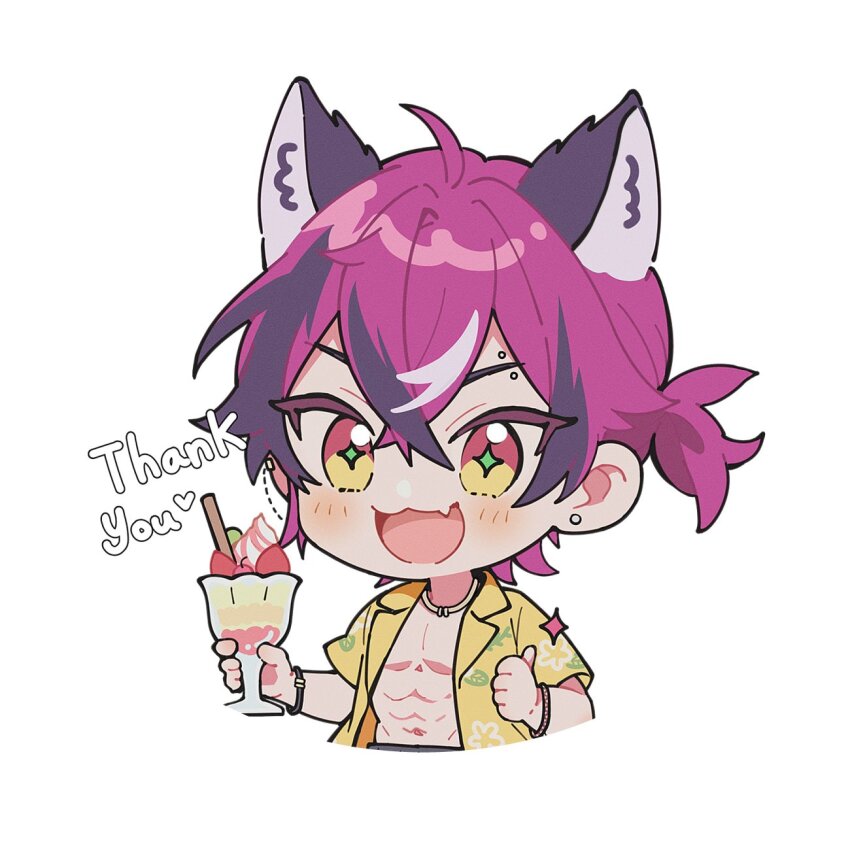 1boy abs animal_ears bare_pectorals black_hair blush bracelet commentary cropped_torso crossed_bangs cup diamond-shaped_pupils diamond_(shape) doppio_dropscythe double-parted_bangs earrings english_commentary english_text eyebrow_piercing fang food fruit hair_between_eyes hawaiian_shirt heart highres holding holding_cup jewelry kemonomimi_mode lapels male_focus multicolored_eyes multicolored_hair navel necklace nijisanji nijisanji_en notched_lapels open_clothes open_mouth open_shirt owo_renren parfait pectorals piercing ponytail purple_hair shirt solo strawberry streaked_hair stud_earrings symbol-shaped_pupils thumbs_up virtual_youtuber wafer_stick white_hair