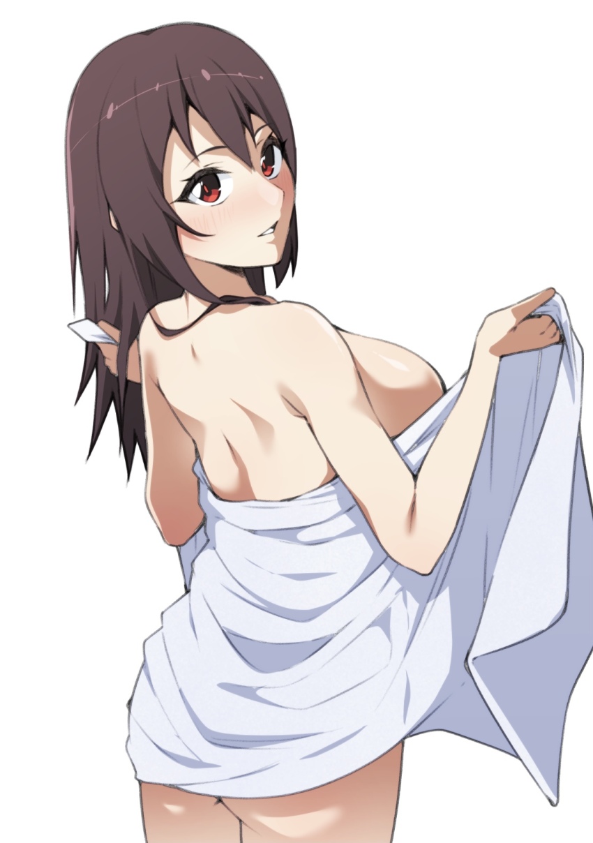 1girl ass ass_peek black_hair blush breasts cowboy_shot from_behind highres holding holding_towel kono_subarashii_sekai_ni_shukufuku_wo! large_breasts long_hair looking_at_viewer looking_back monya_monya_(tmsc7752) nude parted_lips red_eyes red_hair simple_background solo towel white_background yunyun_(konosuba)