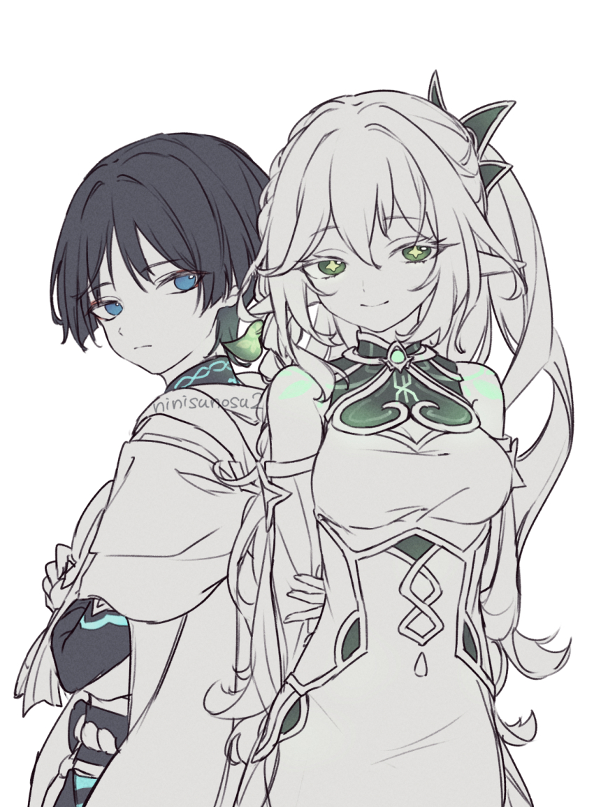 1boy 1girl aged_up arm_at_side arm_behind_back armlet armpit_crease back-to-back bare_shoulders belt black_belt black_bodysuit black_bridal_gauntlets black_hair blue_eyes blunt_ends body_markings bodysuit breasts bridal_gauntlets cape cleavage cleavage_cutout closed_mouth clothing_cutout cross-shaped_pupils detached_sleeves dress genshin_impact green_eyes hair_between_eyes hair_ornament half_crown_braid highres japanese_clothes jewelry kimono leaf leaf_hair_ornament long_hair looking_at_viewer medium_breasts nahida_(genshin_impact) ninisunosu2 partially_colored rope scaramouche_(genshin_impact) side_ponytail sidelocks smile symbol-shaped_pupils tsurime wanderer_(genshin_impact) white_dress white_kimono