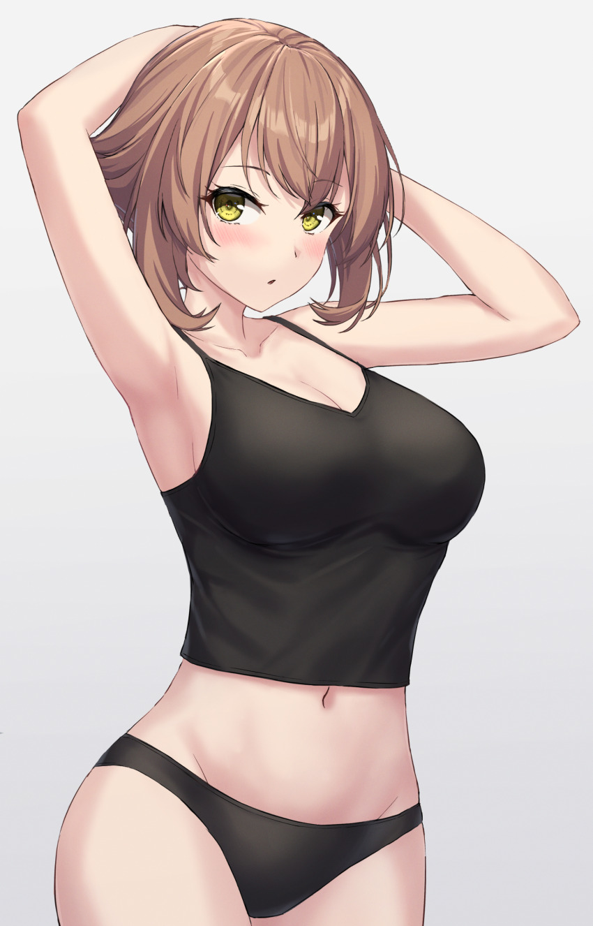 1girl absurdres arms_up black_camisole black_panties breasts brown_hair camisole cowboy_shot flipped_hair green_eyes highres kantai_collection large_breasts looking_at_viewer monoku mutsu_(kancolle) navel panties short_hair solo standing underwear underwear_only