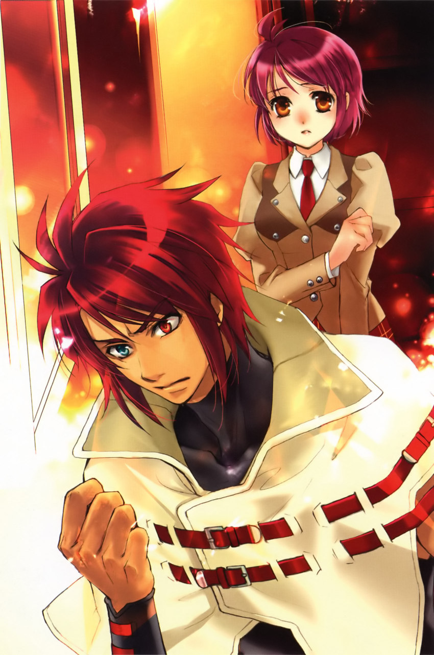 absurdres banpresto folka_albark heterochromia highres kuramoto_kaya necktie red_eyes red_hair school_uniform short_hair shouko_azuma super_robot_wars super_robot_wars_original_generation super_robot_wars_original_generation_gaiden