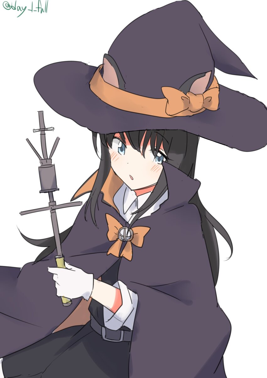 1girl absurdres asashio_(halloween)_(kancolle) asashio_(kancolle) asashio_kai_ni_(kancolle) black_cape black_dress black_hair black_hat blue_eyes bow bowtie cape collared_shirt dress dress_shirt gloves halloween_costume hat highres kantai_collection long_hair mast one-hour_drawing_challenge orange_bow orange_bowtie pinafore_dress robinson_(day_l_full) searchlight shirt simple_background sleeveless sleeveless_dress solo twitter_username wand white_background white_gloves white_shirt witch_hat