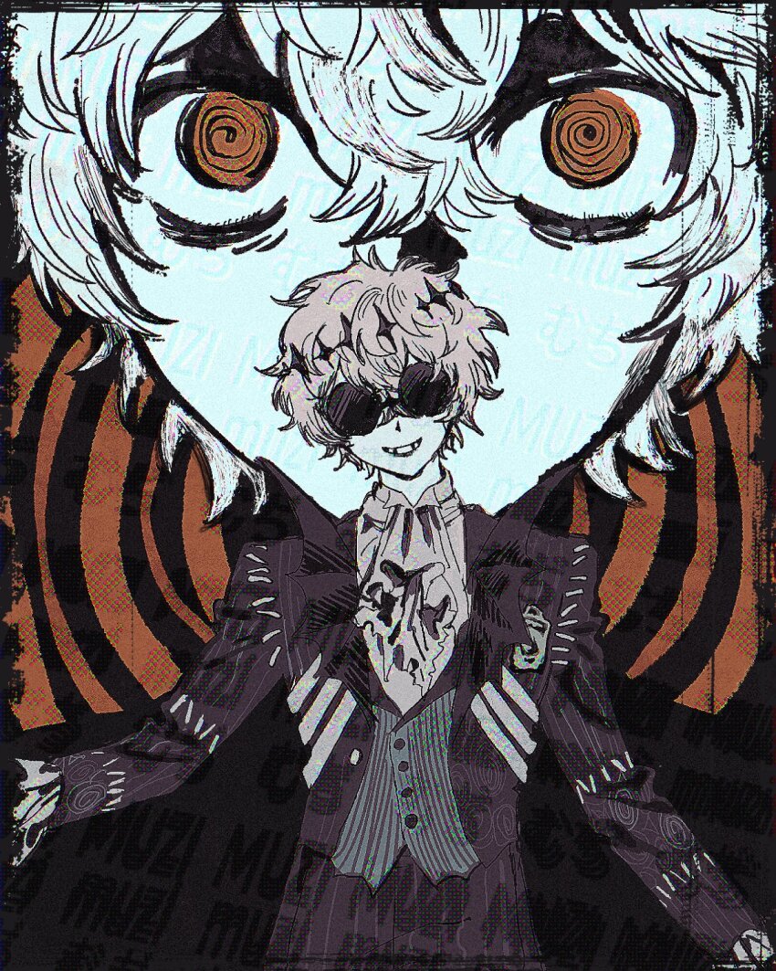 1boy ascot black_jacket black_pants cowboy_shot grey_vest highres jacket looking_at_viewer male_focus orange_eyes pants parted_lips shirt skully_j._graves smile spiral_background sunglasses tami_tome_mo twisted_wonderland vest white_ascot white_shirt
