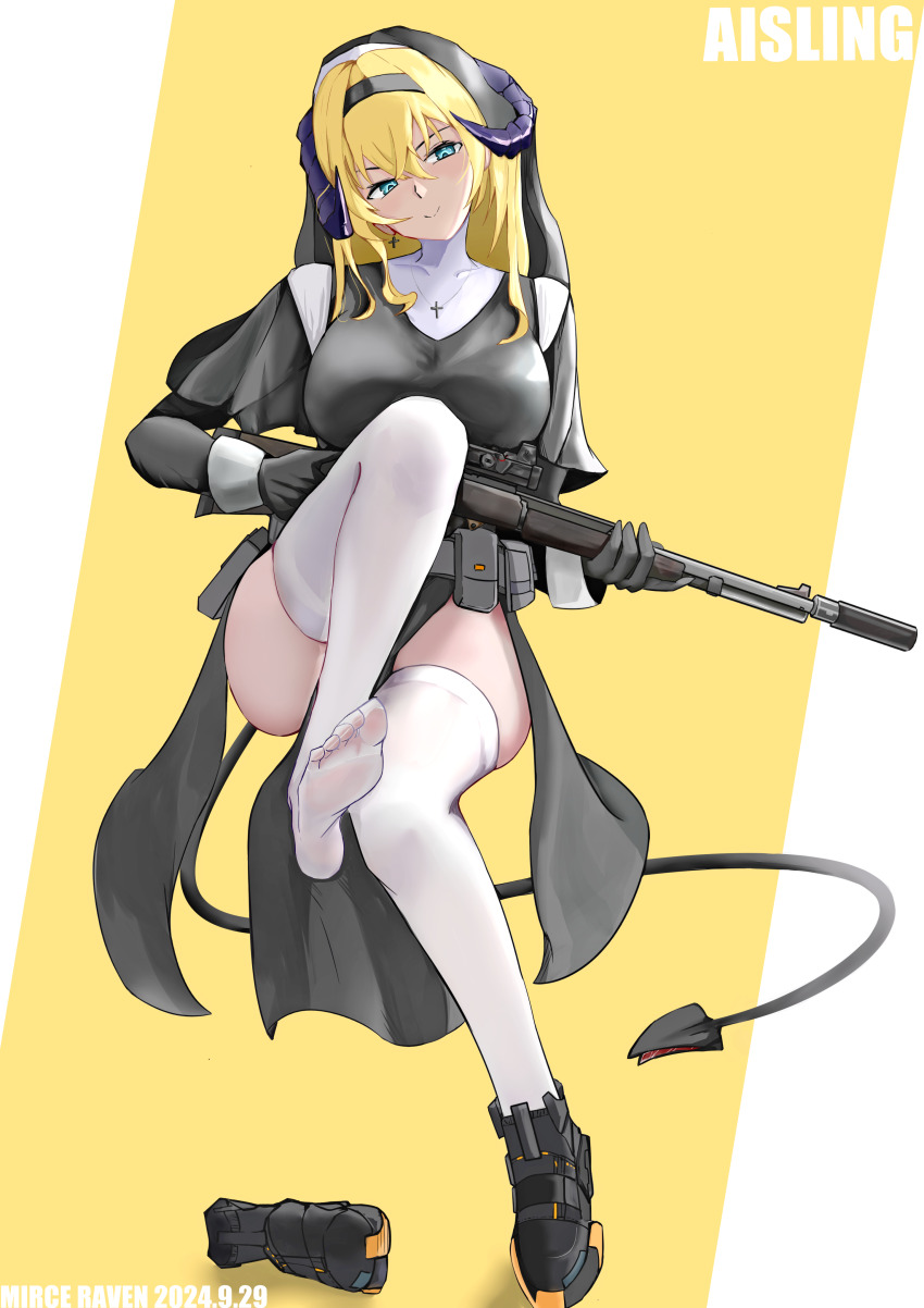 1girl absurdres blonde_hair blue_eyes demon_horns demon_tail feet gun hairband highres horns long_hair looking_at_viewer mirce_raven nun original see-through_clothes see-through_legwear shoes smile soles tail thighhighs toes unworn_shoes weapon white_thighhighs