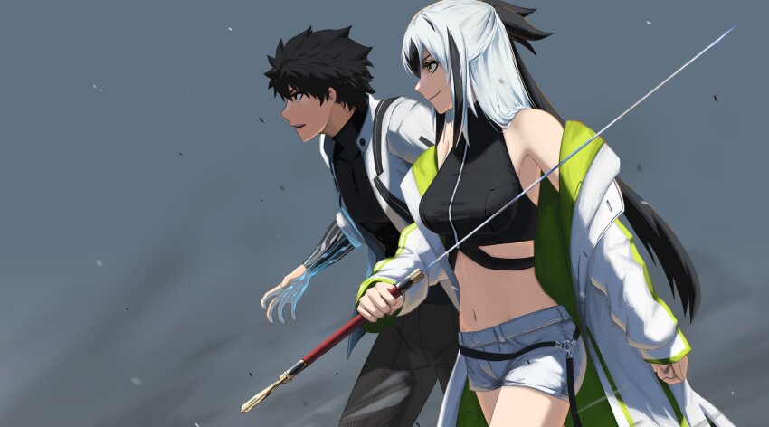 1boy 1girl bare_shoulders black_hair black_pants black_shirt blue_eyes breasts fate/grand_order fate_(series) fujimaru_ritsuka_(male) fujimaru_ritsuka_(male)_(decisive_battle_chaldea_uniform) highres holding holding_sword holding_weapon jacket long_hair magic_circuit medium_breasts nagao_kagetora_(fate) navel open_clothes open_jacket pants paperpillar shirt short_hair sword uesugi_kenshin_(fate) uesugi_kenshin_(second_ascension)_(fate) weapon white_hair white_pants white_shirt yellow_eyes