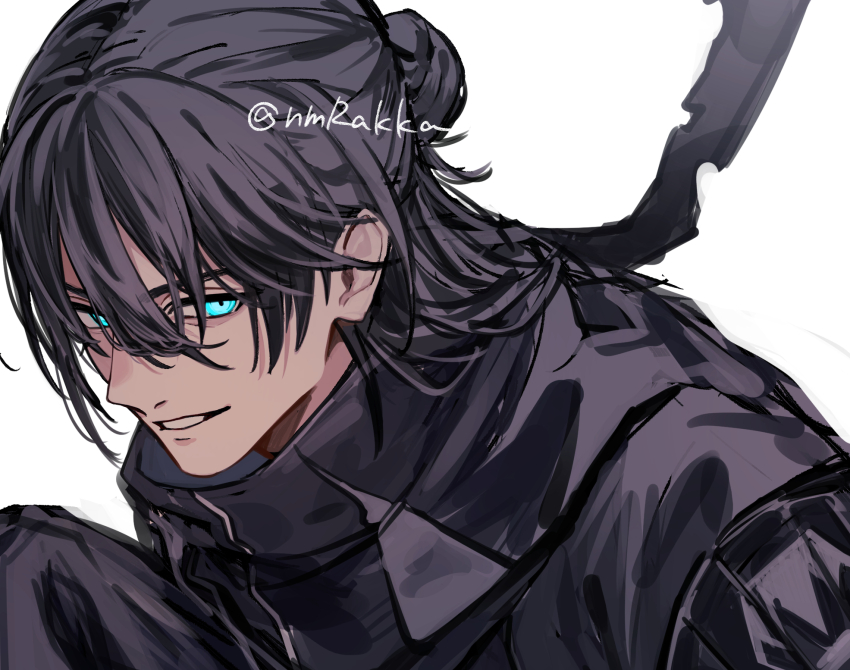 1boy black_hair black_scarf blue_eyes hair_between_eyes hair_bun half_updo highres long_hair looking_at_viewer magoroku_kanemoto_(touken_ranbu) male_focus rakanama scarf simple_background single_hair_bun smile torn_clothes touken_ranbu upper_body white_background