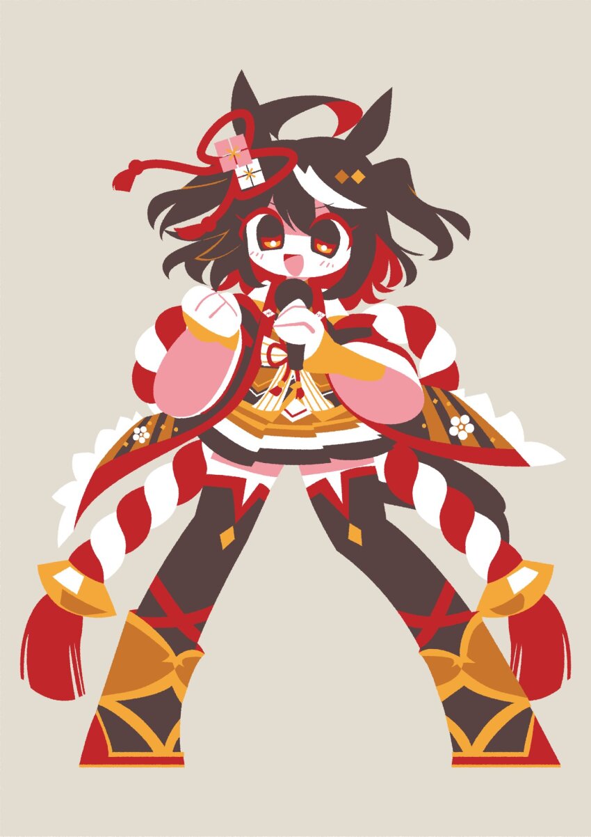 1girl ahoge animal_ears bare_shoulders black_hair black_thighhighs blush clenched_hand engawa_(engawagorigori) full_body hair_ribbon highres holding holding_microphone horse_ears horse_girl horse_tail jacket kitasan_black_(umamusume) kouhaku_nawa legs_apart long_sleeves looking_at_viewer medium_hair microphone miniskirt open_clothes open_jacket pleated_skirt red_eyes red_ribbon ribbon rope shimenawa shirt shoes skirt sleeveless sleeveless_jacket solo standing tail thighhighs two_side_up umamusume v-shaped_eyebrows yellow_shirt yellow_skirt