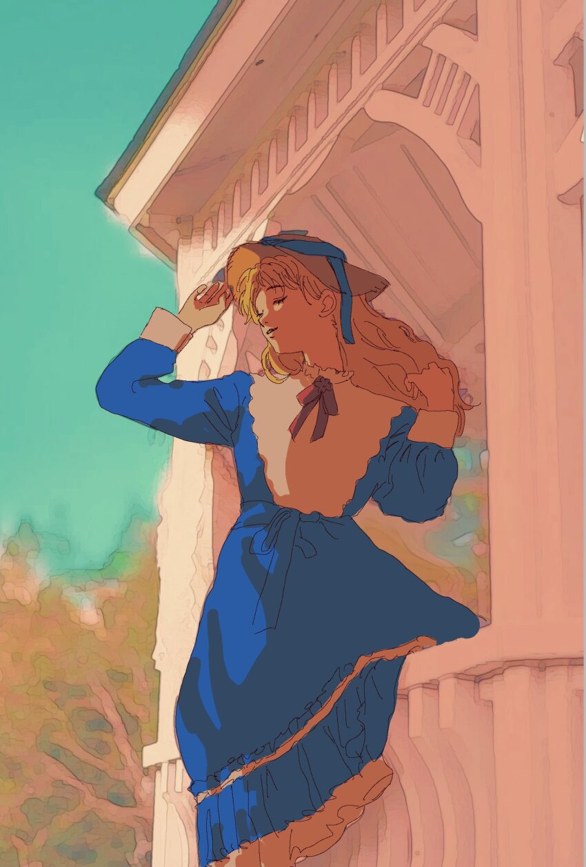 1girl blonde_hair dress erina_pendleton hat highres jojo_no_kimyou_na_bouken long_dress long_hair phantom_blood popopcp smile victorian