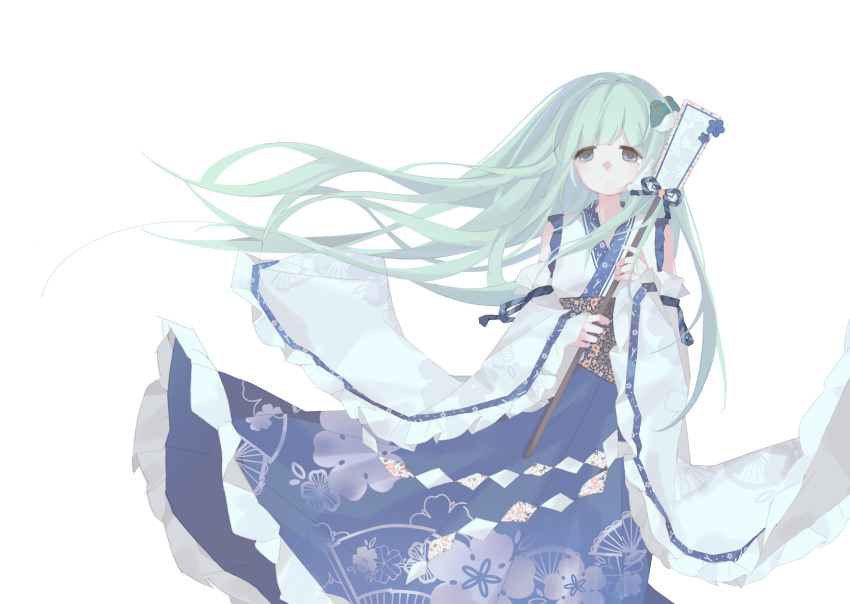 1girl absurdres alternate_costume bare_shoulders blue_eyes blue_skirt closed_mouth detached_sleeves dot_mouth facing_viewer frilled_kimono frilled_skirt frilled_sleeves frills frog_hair_ornament gohei green_hair hair_ornament hair_tubes highres holding holding_gohei huangqinzi_sayuri japanese_clothes kimono kochiya_sanae long_hair long_sleeves looking_at_viewer miko obi patterned_clothing print_skirt sash shide shirt simple_background single_hair_tube single_sidelock skirt skirt_set sleeve_bow sleeveless sleeveless_shirt snake_hair_ornament solo touhou white_background white_kimono wide_sleeves