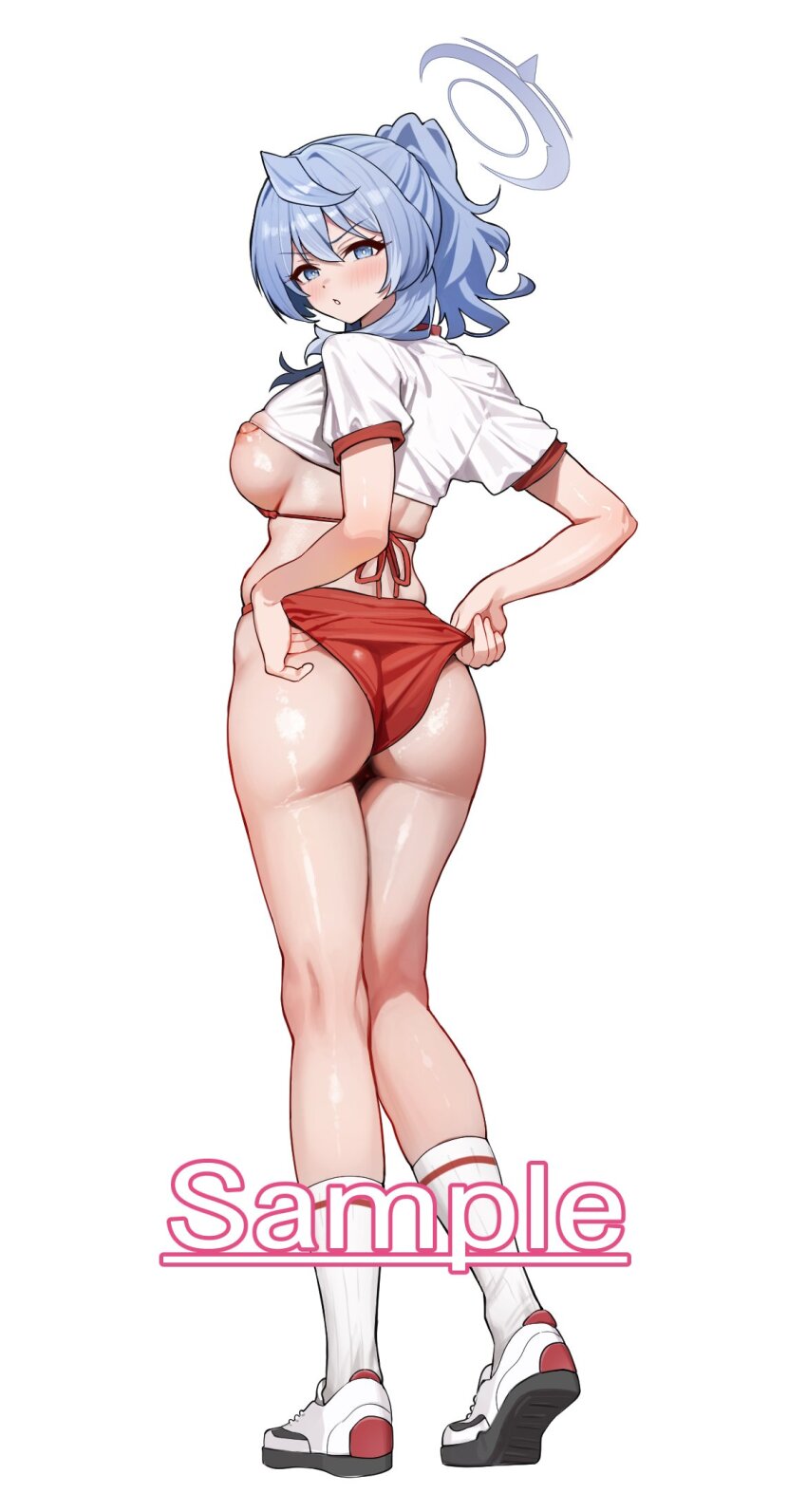 1girl ako_(blue_archive) ako_(track)_(blue_archive) alternate_hairstyle ass blue_archive blue_eyes blue_hair breasts buruma buruma_lift clothes_lift full_body gym_shirt gym_uniform hair_between_eyes halo highres large_breasts long_hair looking_back nipples ponytail ramanda red_buruma self_wedgie shirt shirt_lift shoes sneakers socks solo thighs wedgie white_shirt white_shoes white_socks