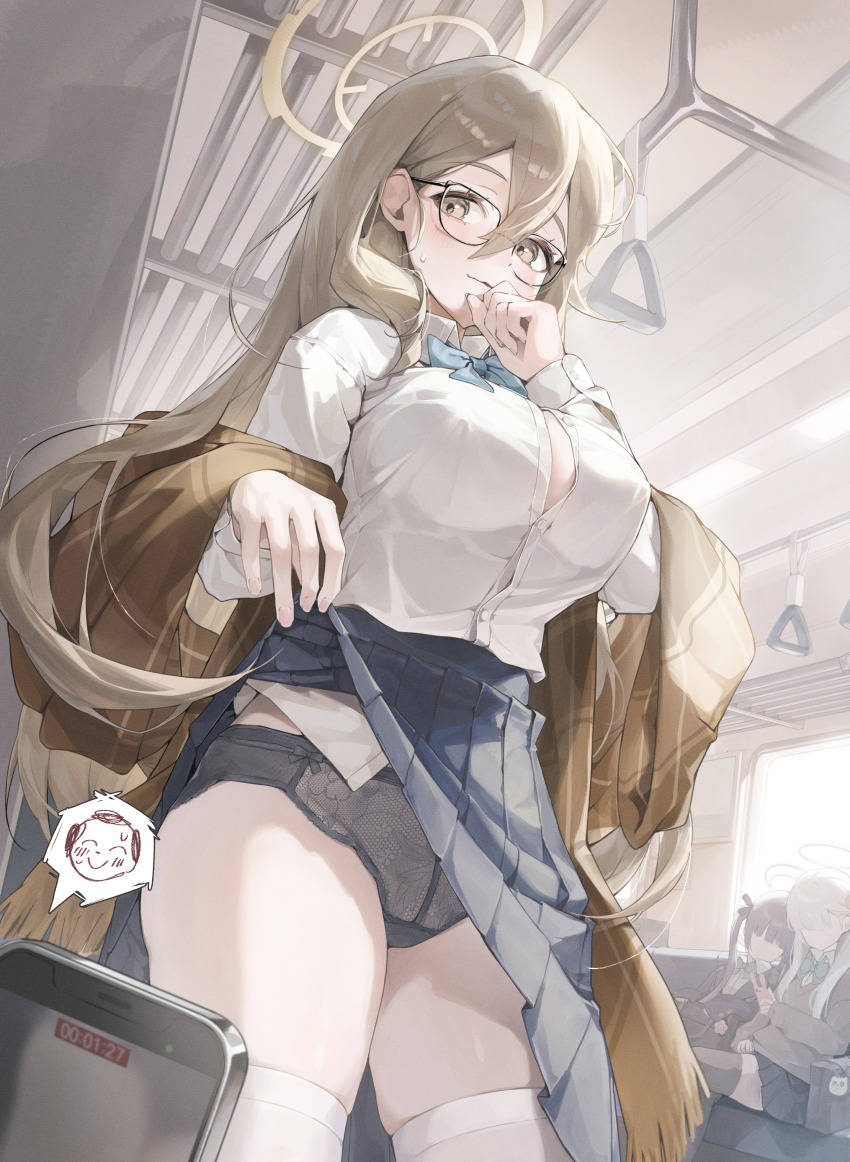 absurdres akane_(blue_archive) alternate_costume black_panties blue_archive blue_bow blue_bowtie bow bowtie breasts brown_shawl cellphone clothes_lift collared_shirt doodle_sensei_(blue_archive) flashing glasses halo hand_on_own_chin hand_to_own_mouth highres lace lace-trimmed_panties lace_trim large_breasts lifting_own_clothes light_brown_hair long_hair looking_to_the_side myao_(myaodayone) myaodayone off_shoulder panties phone plaid_clothes plaid_shawl pleated_skirt public_indecency school_uniform sensei_(blue_archive) shawl shirt skirt skirt_lift smartphone thighhighs train train_interior underwear white_thighhighs