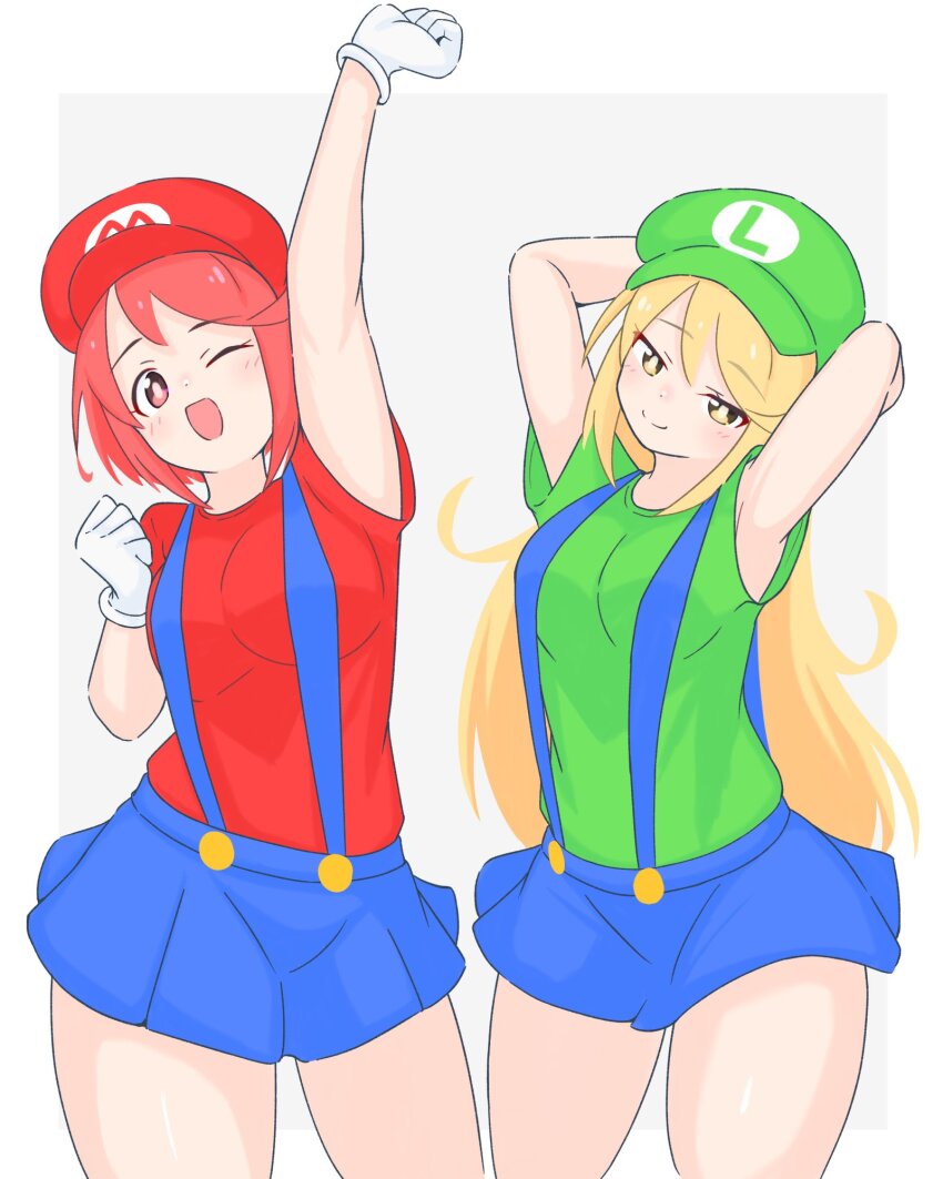 2girls adapted_costume arm_behind_head arm_up blonde_hair blue_skirt breasts cosplay cowboy_shot gloves green_shirt highres large_breasts long_hair luigi luigi_(cosplay) mario mario_(cosplay) mario_(series) medium_breasts multiple_girls mythra_(xenoblade) nintendo pyra_(xenoblade) red_eyes red_hair red_shirt shirt short_hair simple_background skirt suspenders uncool_mochi white_background white_gloves xenoblade_chronicles_(series) xenoblade_chronicles_2 yellow_eyes