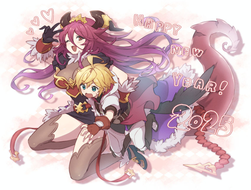 1boy 1girl 2025 :o ;d ahoge black_gloves blonde_hair blue_eyes breasts carrying carrying_under_arm cleavage commentary dragalia_lost dragon_girl dragon_horns dragon_tail ekra euden fang fingerless_gloves full_body gloves hair_between_eyes happy_new_year heart high_heels horns large_breasts long_bangs long_hair looking_at_viewer mym_(dragalia_lost) new_year one_eye_closed open_mouth red_eyes red_gloves red_hair short_sleeves smile sweatdrop symbol-only_commentary tail thighhighs twitter_username very_long_hair w