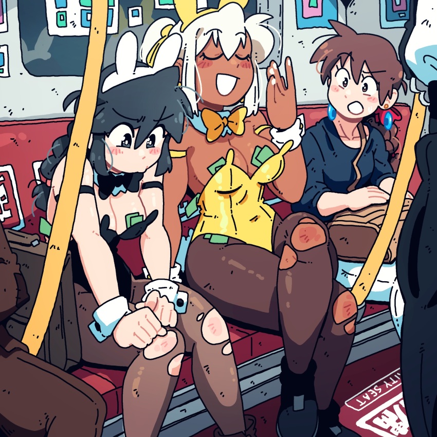 3girls ^_^ animal_ear_hairband animal_ears armband bag bag_on_lap black_armband black_bow black_bowtie black_eyes black_hair black_leotard blue_shirt bow bowtie braid braided_ponytail brown_bag brown_hair brown_pantyhose character_request clenched_hands closed_eyes collar collarbone commentary diamond_earrings earrings english_commentary english_text fake_animal_ears feet_out_of_frame floating_hair frown hair_between_eyes hair_bow hairband hand_up hands_on_own_knee highres holding holding_bag jewelry knee_injury leotard leotard_peel long_hair looking_at_another looking_down loose_hair_strand lucia_(scott_malin) medium_hair mixed-language_text money multiple_girls open_mouth original pants pantyhose playboy_bunny pole ponytail poster_(object) rabbit_ears raised_eyebrow red_bow reflection scott_malin shirt short_hair short_sleeves shoulder_bag sitting smile strapless strapless_leotard torn_clothes torn_pantyhose train_interior tucked_money white_collar white_hair white_nails white_pants white_wrist_cuffs window wrist_cuffs yellow_armband yellow_bow yellow_bowtie yellow_leotard