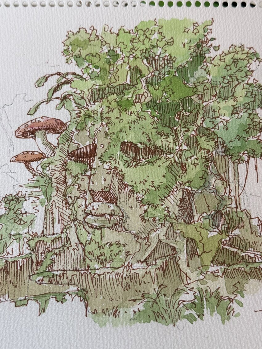 commentary_request grass highres lips moss mushroom no_humans original overgrown photo_(medium) plant statue tokyogenso traditional_media vines