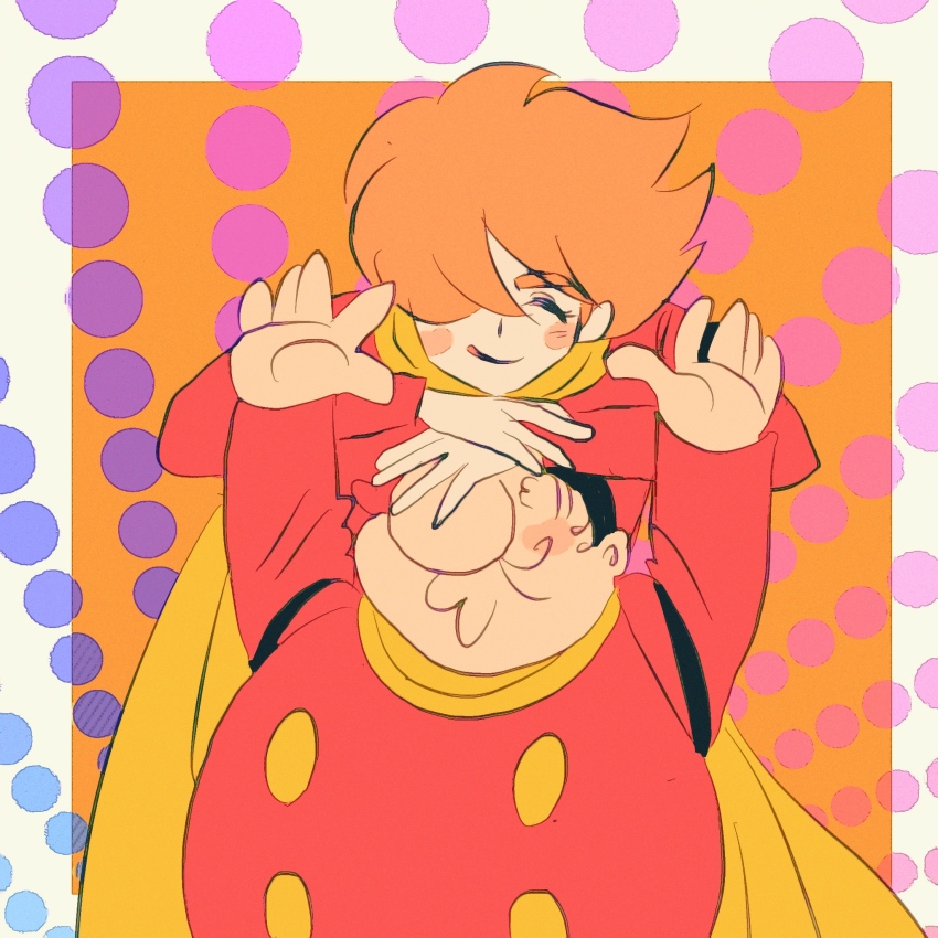 2boys arms_up big_nose black_hair blush chang_changku closed_eyes closed_mouth coat cyborg cyborg_009 hair_over_one_eye highres multiple_boys o3o on_head orange_hair person_on_head red_coat sariokisu scarf shimamura_joe short_hair spiked_hair yellow_scarf