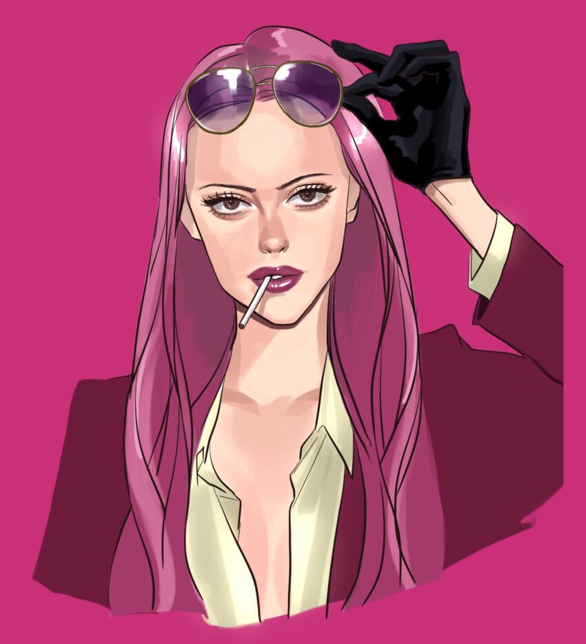 1girl black_gloves cigarette collared_shirt commentary eyelashes eyeshadow eyewear_on_head formal_clothes gloves highres hina_(one_piece) long_hair looking_at_viewer makeup one_piece pink_background pink_hair pink_lips pink_suit popsweetyio shirt simple_background solo suit symbol-only_commentary upper_body white_shirt