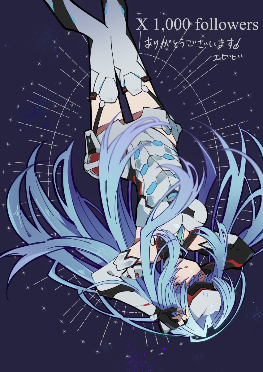 1girl android arm_behind_head blue_background breasts closed_eyes commentary_request evi_fly0527 forehead_protector full_body garter_straps highres kos-mos kos-mos_re: large_breasts long_hair milestone_celebration open_mouth sleeping solo translation_request xenoblade_chronicles_(series) xenoblade_chronicles_2
