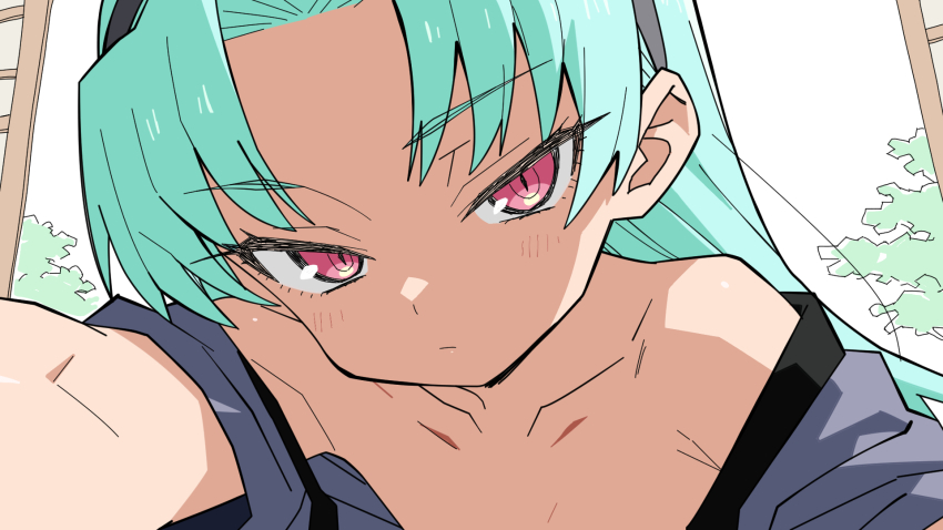 1girl aqua_hair blush collarbone expressionless flat_chest highres japanese_clothes kimono long_hair looking_at_viewer matuo3232 off_shoulder pink_eyes rance_(series) reaching reaching_towards_viewer sengoku_rance shinobu_(rance) solo tsurime upper_body