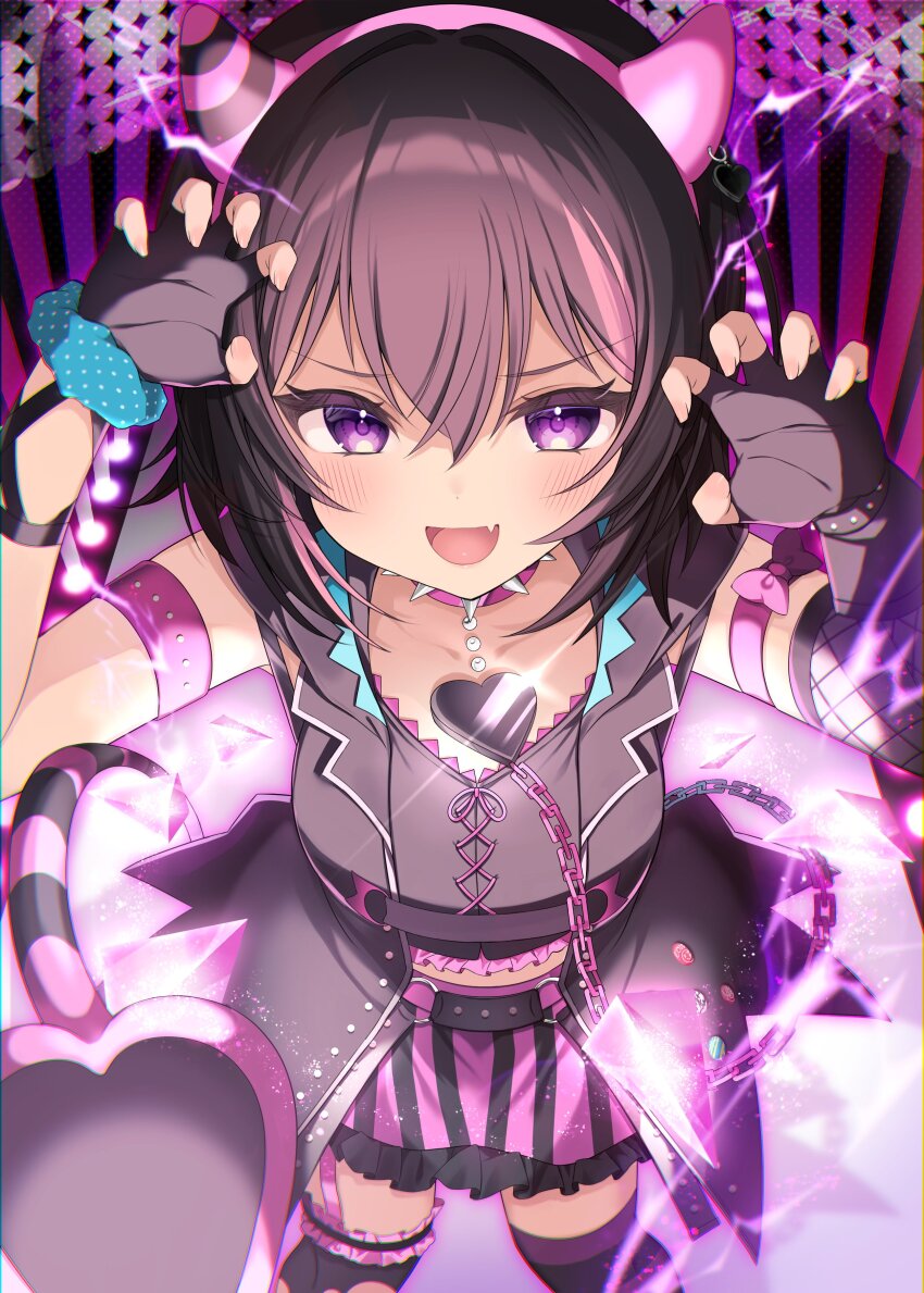 1girl absurdres animal_ears black_gloves black_hair blush breasts cat_ears choker claw_pose fake_horns fang fingerless_gloves gloves highres horns looking_at_viewer multicolored_hair nail_polish nanashi_(nanashi_234) ongeki open_mouth pink_skirt polka_dot purple_eyes purple_hair short_hair skirt smile solo thighhighs v-shaped_eyebrows yuuki_riku