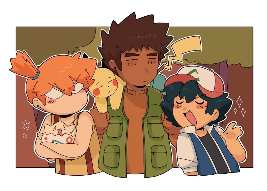 1girl 2boys anger_vein angry annoyed ash_ketchum asymmetrical_hair baseball_cap black_hair blue_jacket blush blush_stickers brock_(pokemon) brown_hair closed_eyes closed_mouth creature crossed_arms dark_skin earrings eyebrows frown gen_1_pokemon gen_2_pokemon green_vest hair_tie hand_up hat highres holding holding_creature holding_pokemon jacket jewelry jitome misty_(pokemon) multiple_boys nintendo on_shoulder open_clothes open_jacket open_mouth open_vest orange_hair pikachu pokemon pokemon_(anime) pokemon_(classic_anime) pokemon_(creature) pokemon_on_shoulder pokemon_rgby ponytail shirt short_hair short_sleeves side_ponytail sleeveless sleeveless_jacket smile sparkle spiked_hair suspenders tank_top togepi tree turtleneck upper_body v-shaped_eyebrows vest yellow_shirt