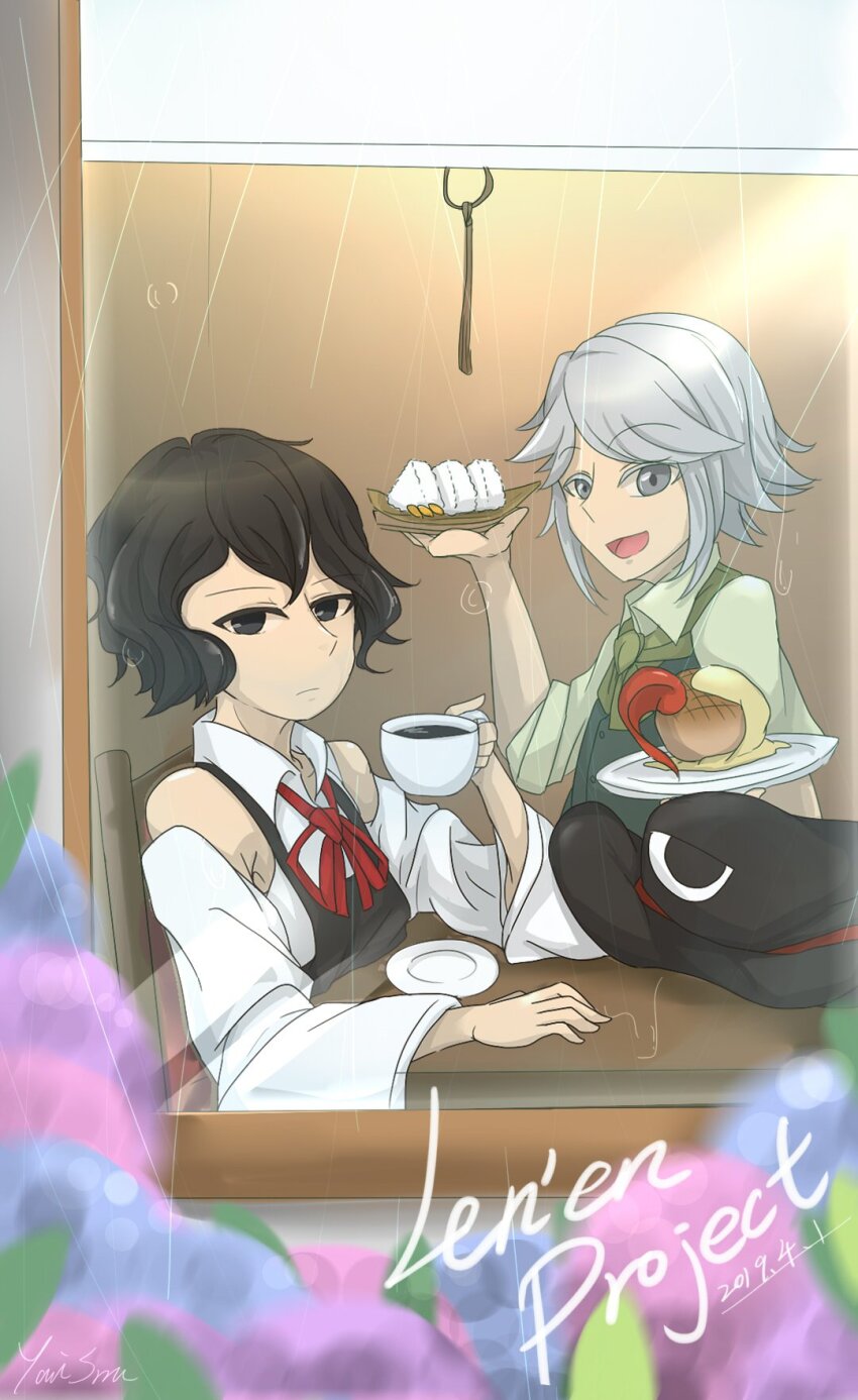 2others adapted_costume androgynous anime_coloring apron arm_on_table ascot bare_shoulders black_apron black_eyes black_hair black_hat black_vest blinders blue_flower book_of_the_cafe cafe chair closed_mouth collared_shirt colored_eyelashes commentary copyright_name cup dated dated_commentary detached_sleeves elbow_on_table enraku_tsubakura expressionless eye_of_senri flower food green_ascot green_shirt grey_eyes grey_hair hair_between_eyes happy hat highres holding holding_cup holding_plate houlen_yabusame ink leaf len&#039;en light_frown long_sleeves looking_at_viewer multiple_others nostrils on_chair onigiri open_mouth other_focus outdoors pink_flower plate pointy_nose purple_flower rain saucer shirt short_hair short_hair_with_long_locks signature sitting sleeveless sleeveless_shirt sleeves_rolled_up smile swept_bangs takoyaki teacup top_hat unworn_hat unworn_headwear upper_body vest white_shirt white_sleeves wide_sleeves window yaxiu