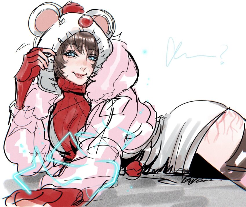 1girl ? apex_legends artist_name black_hair blue_eyes cosplay electricity final_fantasy final_fantasy_vii final_fantasy_vii_rebirth final_fantasy_vii_remake fingerless_gloves gloves grey_hoodie highres hood hood_up hoodie kitty_keihara kupo_power_wattson looking_at_viewer moogle moogle_(cosplay) official_alternate_costume protected_link red_gloves red_sweater ribbed_sweater short_hair signature sketch solo sweater tongue tongue_out turtleneck turtleneck_sweater wattson_(apex_legends)