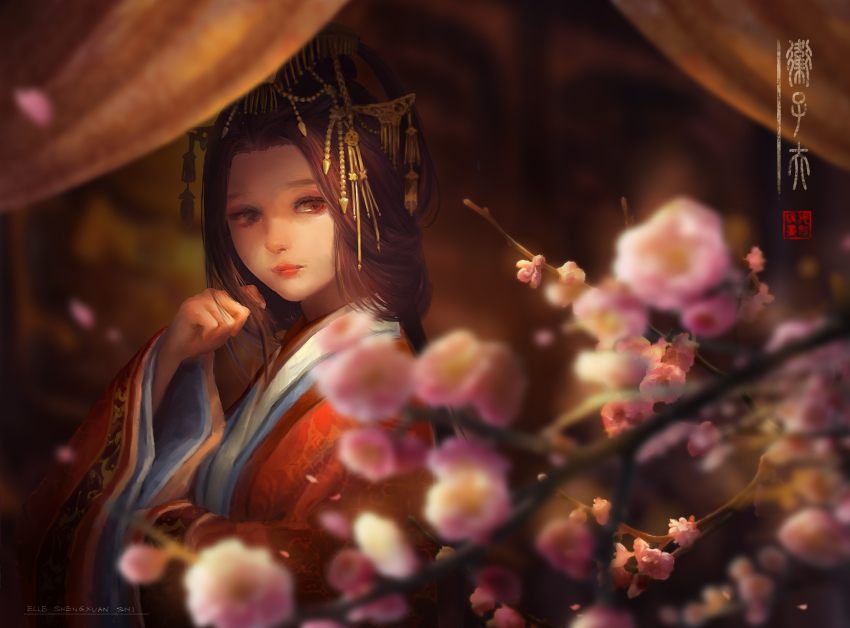 1girl absurdres artist_name branch brown_eyes brown_hair cherry_blossoms chinese_clothes curtains female_focus flower hair_ornament highres jewelry lipstick lost_elle makeup nikki_(series) nikki_up2u2:_world_traveller petals solo