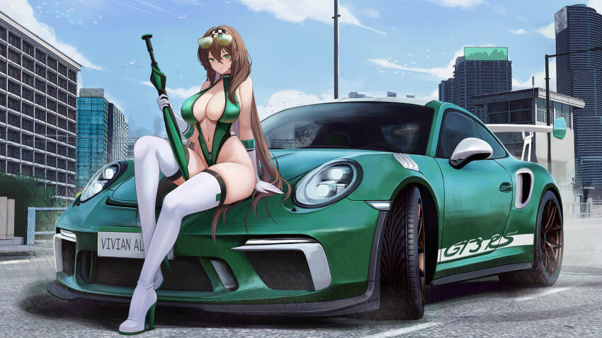 1girl absurdres bare_shoulders boots breasts brown_hair car cleavage day eyewear_on_head folding_umbrella gloves green_eyes green_leotard high_heel_boots high_heels highleg highleg_leotard highres holding holding_umbrella kcar66t knee_up large_breasts leotard long_hair looking_at_viewer motor_vehicle navel original outdoors race_queen sitting solo sports_car sunglasses thigh_boots thighhighs thighs umbrella unzipped vehicle_request very_long_hair white_boots white_gloves white_thighhighs wide_shot zipper_pull_tab