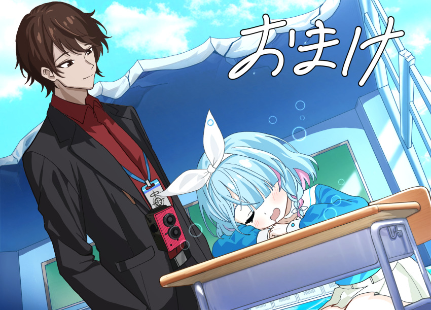 1boy 1girl arona_(blue_archive) blue_archive bow camera classroom crossover formal_clothes highres kadoya_tsukasa kamen_rider kamen_rider_dcd lanyard no_halo nogawa_serori schale_logo sleeping sleeping_on_desk smile squeans suit twin-lens_reflex_camera white_bow