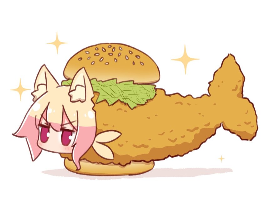 1girl animal_ear_fluff animal_ears blonde_hair burger commentary_request fish_(food) fish_burger food fox_ears fried_fish full_body hair_between_eyes kemomimi-chan_(naga_u) looking_away naga_u original purple_eyes shadow simple_background solo sparkle v-shaped_eyebrows white_background