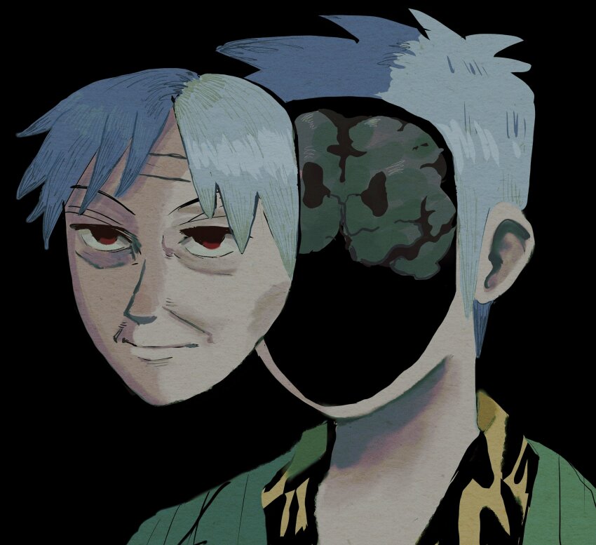 1boy akagi_shigeru animal_print black_background brain closed_mouth commentary detached_face fukumoto_mahjong green_jacket grey_hair highres jacket looking_at_viewer male_focus old old_man portrait print_shirt red_eyes shirt short_hair simple_background smile solo surreal ten_(manga) tiger_print tzk6996 wrinkled_skin