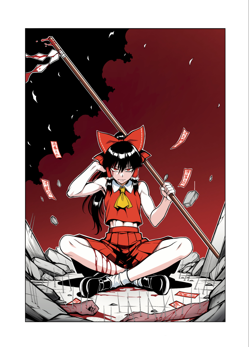 1girl absurdres bare_shoulders black_hair blood blood_on_leg collared_shirt corpse crop_top crop_top_overhang flag hakurei_reimu highres holding holding_flag indian_style loafers long_hair looking_at_viewer necktie pleated_skirt ponytail red_eyes red_ribbon red_shirt ribbon ryoan_(voyagehermitage) shirt shoes sidelocks sitting skirt socks touhou very_long_hair white_socks yellow_necktie