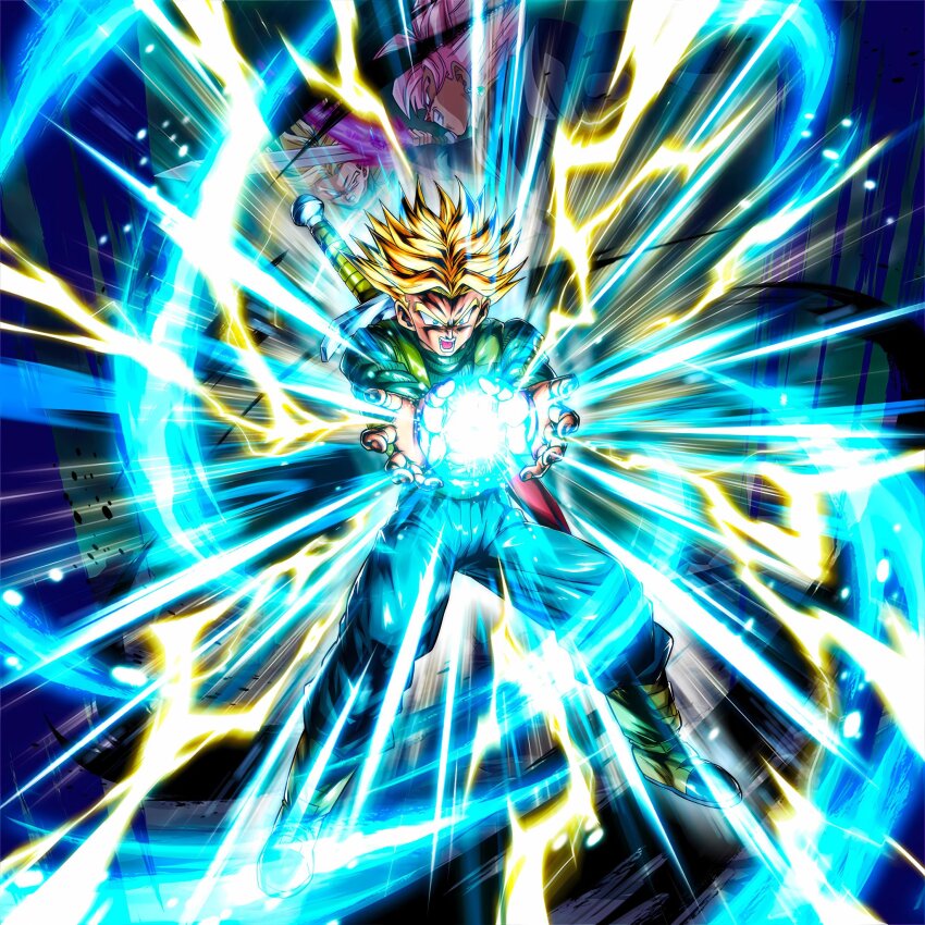 2boys blonde_hair dragon_ball dragon_ball_legends dragon_ball_super goku_black ki_blast lightning multiple_boys official_art pink_hair serious super_saiyan super_saiyan_2 super_saiyan_rose sword trunks_(dragon_ball) trunks_(future)_(dragon_ball) weapon