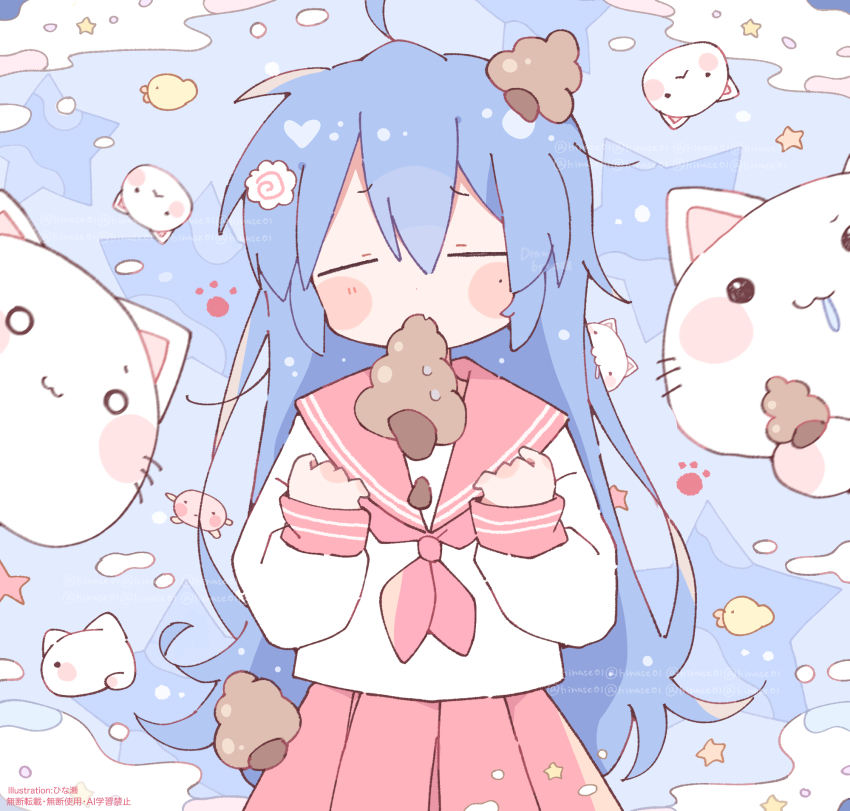 1girl ahoge blush_stickers cat chocolate_cornet clenched_hands closed_eyes cowboy_shot eating facing_viewer fang food food-themed_hair_ornament food_on_head hair_ornament highres hinase01 holding holding_food izumi_konata lucky_star mouth_hold narutomaki_hair_ornament neckerchief object_on_head open_mouth pink_neckerchief pink_sailor_collar pink_skirt ryouou_school_uniform sailor_collar school_uniform shirt skin_fang skirt solo star_(symbol) twitter_username watermark white_cat white_shirt