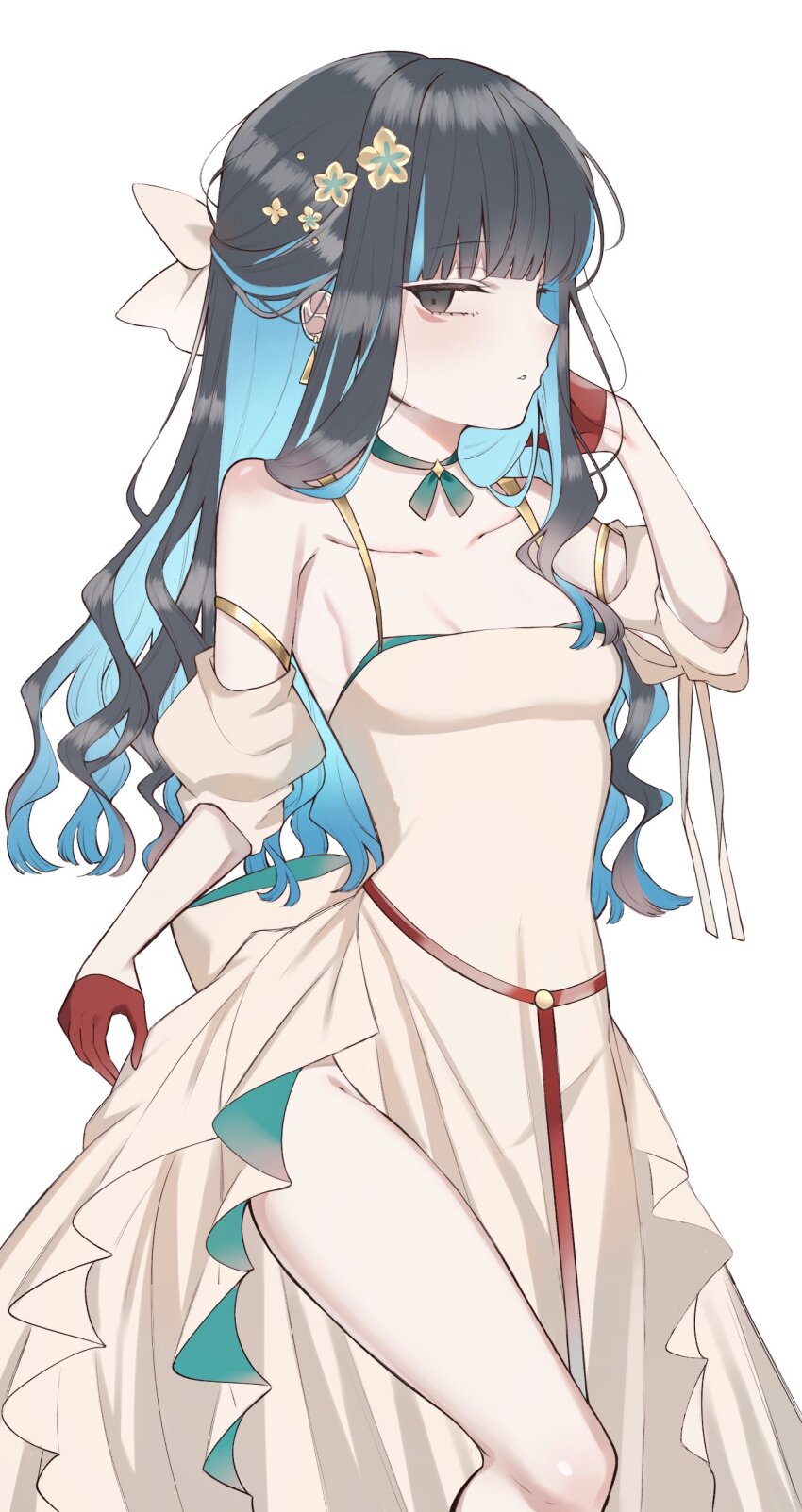 1girl absurdres bare_shoulders black_hair blue_hair breasts colored_inner_hair dress fate/grand_order fate_(series) gloves grey_eyes highres long_hair looking_at_viewer mati5572 multicolored_hair small_breasts solo tenochtitlan_(fate) thighs