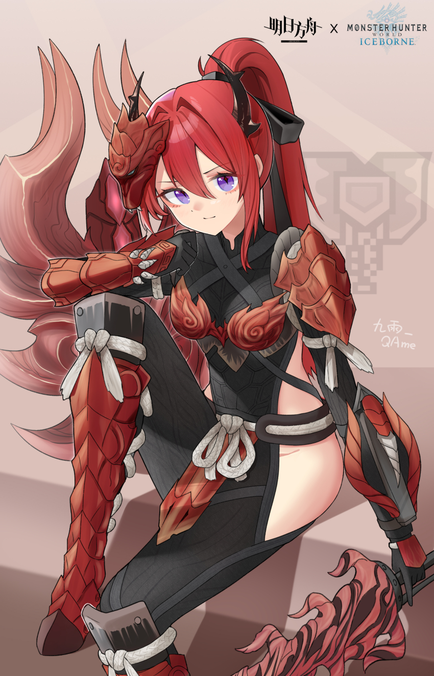 1girl absurdres arknights armor armored_boots black_gloves black_horns boots chinese_commentary closed_mouth commentary_request copyright_name foot_out_of_frame gloves groin hair_between_eyes hair_intakes highres holding holding_sword holding_weapon horns jiuyu_qame knee_boots leg_armor leg_up long_hair looking_at_viewer mask mask_on_head monster_hunter:_world monster_hunter_(series) monster_hunter_world:_iceborne ponytail purple_eyes red_hair shoulder_armor sitting smile solo surtr_(arknights) sword vambraces weapon