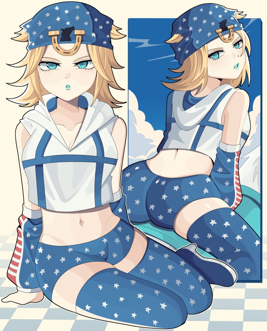 1girl absurdres aqua_eyes aqua_lips ass blue_boots blue_hat blue_shorts blue_sky blue_thighhighs bobamiruku boots breasts collarbone cropped_hoodie from_behind full_body genderswap genderswap_(mtf) hair_through_headwear hat highres hood hood_down hoodie johnny_joestar jojo_no_kimyou_na_bouken leaning_forward looking_at_viewer looking_back medium_breasts medium_hair midriff navel parted_bangs parted_lips short_shorts short_sleeves shorts sitting skindentation sky steel_ball_run thighhighs tile_floor tiles white_hoodie yokozuwari