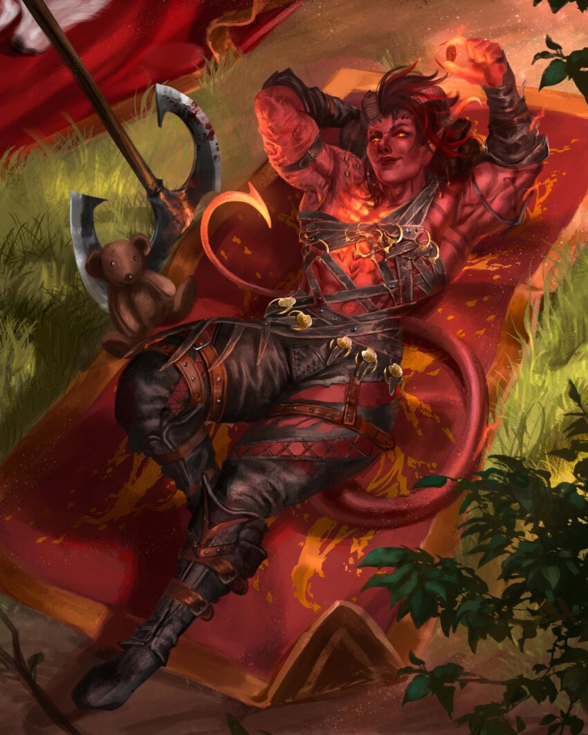 abs absurdres axe baldur&#039;s_gate baldur&#039;s_gate_3 caio_santos demon_girl demon_horns demon_tail gloves highres holding horns karlach looking_at_viewer lying monochrome muscular muscular_female pointy_ears scar smile stuffed_animal stuffed_toy tail teddy_bear tiefling