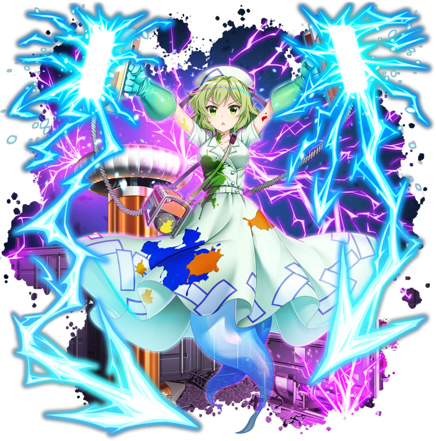 1girl alternate_costume alternate_headwear bag breasts collarbone dress electricity full_body game_cg generator ghost_tail gloves green_dress green_eyes green_gloves green_hair hat highres looking_at_viewer nurse nurse_cap official_art ofuda ofuda_on_clothes open_mouth paint_stains rotte_(1109) rubber_gloves short_hair short_sleeves shoulder_bag soga_no_tojiko soga_no_tojiko_(electric_nurse) solo stained_clothes third-party_source touhou touhou_lostword transparent_background triangle_mouth v-shaped_eyebrows