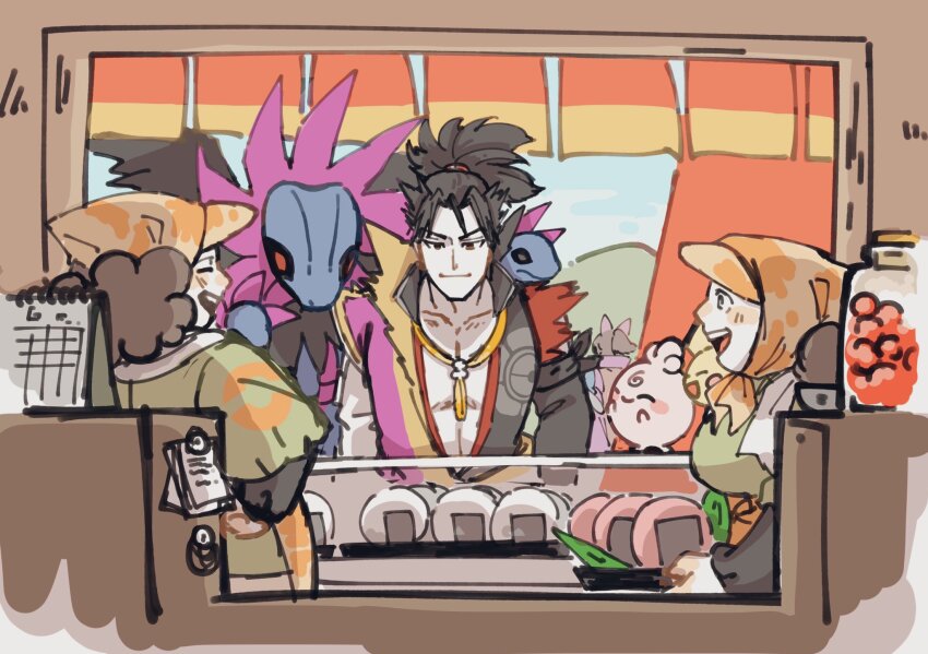 black_eyes black_hair brown_hair calendar food gen_2_pokemon gen_5_pokemon highres hydreigon igglybuff japanese_clothes mori_ranmaru nintendo npc_trainer oda_nobunaga on_shoulder onigiri pectorals pichu pokemon pokemon_(creature) pokemon_conquest pokemon_on_shoulder sengoku_musou smile spiked_hair storefront topknot