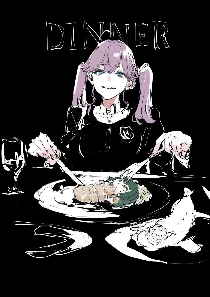 3girls ahoge bags_under_eyes blue_eyes chibi commentary croquette cup drinking_glass english_text food fork fujita_kotone furrowed_brow gakuen_idolmaster green_hair grin half-closed_eyes highres holding holding_fork holding_knife idolmaster imminent_eating in_food jacket kaya_rinha knife long_hair long_sleeves looking_at_another meal mini_person minigirl multiple_girls nervous_sweating on_plate osakana_(denpa_yun&#039;yun) partially_colored purple_hair shirt simple_background smile sweat symbol-only_commentary table tsukimura_temari twintails wine_glass
