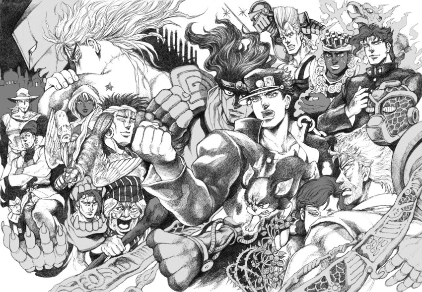 arm_around_back beard birthmark bud_(korovsme) chain clenched_hand cream_(stand) crossed_arms dark-skinned_male dark_skin dio_brando dog earrings enya_geil facial_hair facial_mark facial_tattoo father_and_daughter gakuran greyscale hat headband heart hierophant_green hol_horse hood hoop_earrings iggy_(jojo) j._geil jean_pierre_polnareff jewelry joestar_birthmark jojo_no_kimyou_na_bouken joseph_joestar joseph_joestar_(old) kakyoin_noriaki kuujou_holly kuujou_joutarou magician&#039;s_red mariah_(jojo) mohammed_avdol monochrome n&#039;doul nukesaku old old_woman open_mouth pet_shop rapier scar school_uniform sharp_teeth silver_chariot smile staff stand_(jojo) star_(symbol) star_platinum stardust_crusaders sword tattoo teeth terence_t._d&#039;arby the_world vanilla_ice weapon