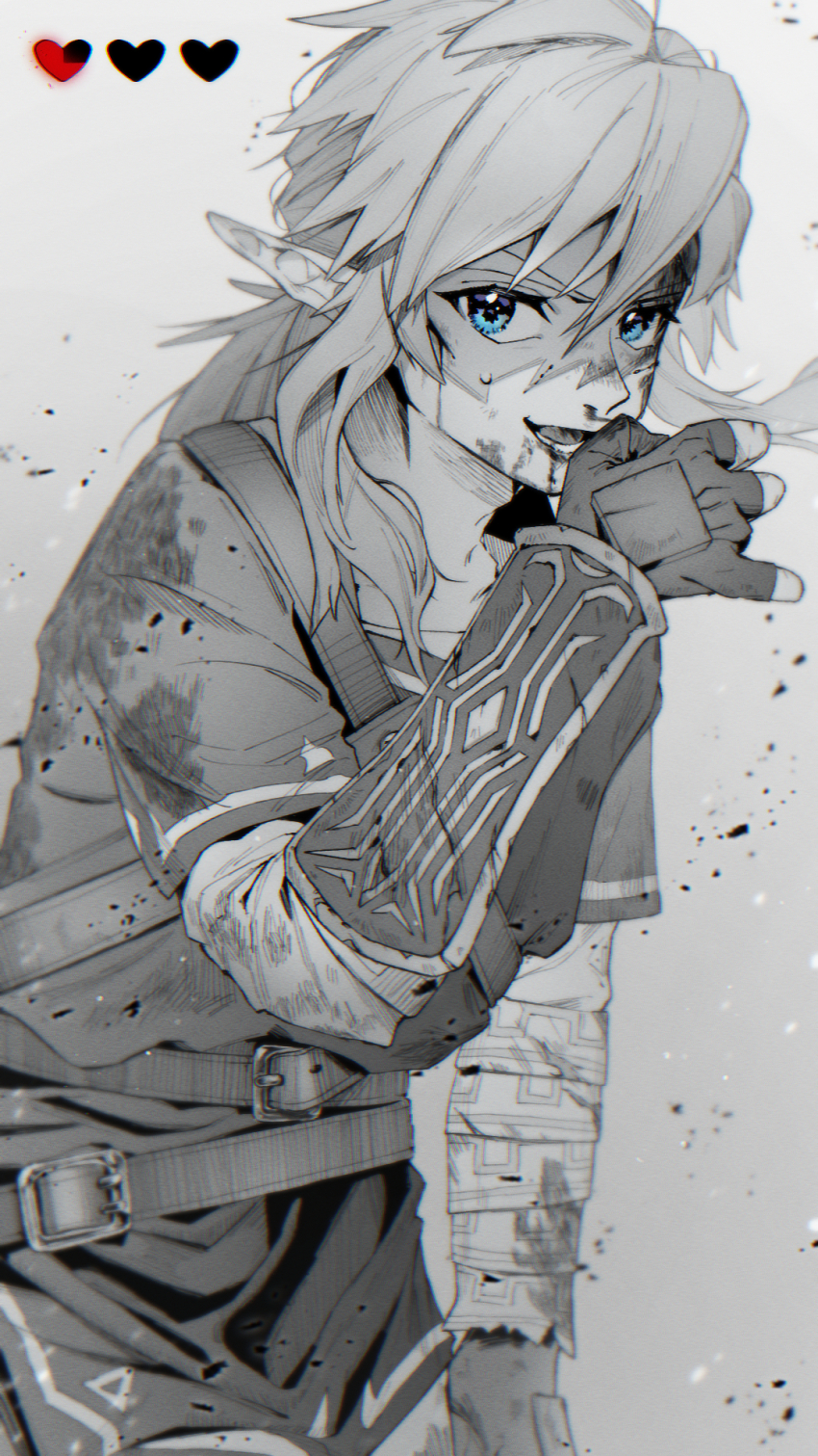 ao_haruki blood blood_on_face blue_eyes dirty dirty_clothes fingerless_gloves gauntlets gloves health_bar highres link looking_at_viewer medium_hair nintendo partially_colored pointy_ears sidelocks smirk the_legend_of_zelda the_legend_of_zelda:_breath_of_the_wild tunic wiping_blood