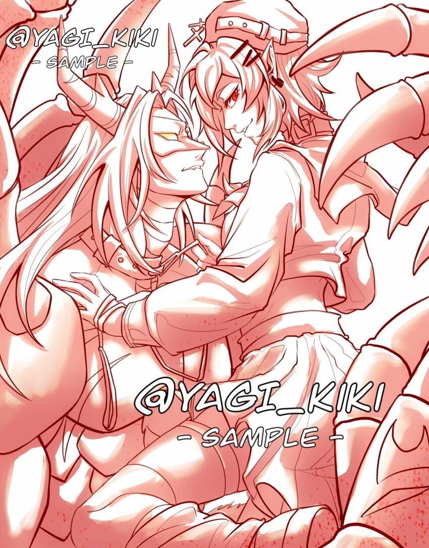 1boy 1girl digimon digimon_(creature) green_eyes hat highres red_eyes smile venomvamdemon
