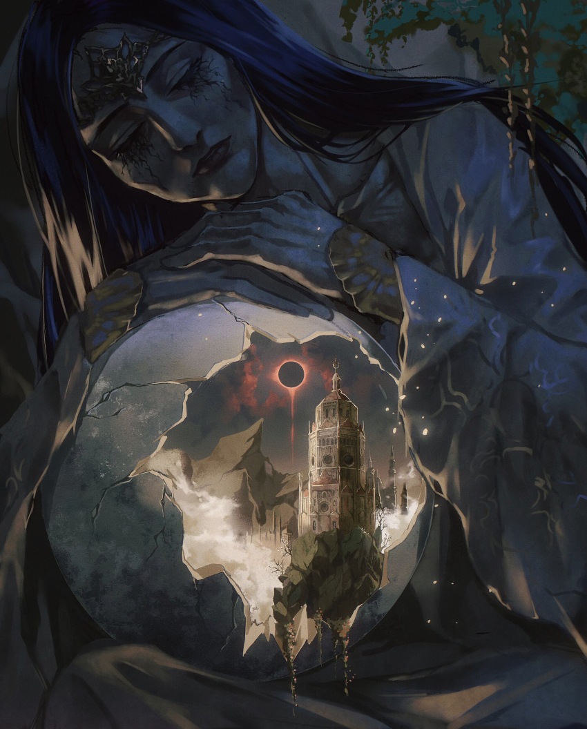 1girl black_lips black_sun black_tears blue_hair chinese_commentary circlet closed_eyes colored_skin commentary_request crack cracked_egg cracked_shell dark_souls_(series) dark_souls_iii egg facing_viewer fantasy filianore_(dark_souls) fog grey_skin highres leaning_on_object liquid_from_eyes long_hair long_sleeves orb own_hands_together robe sun tower white_robe wide_sleeves yujia0412