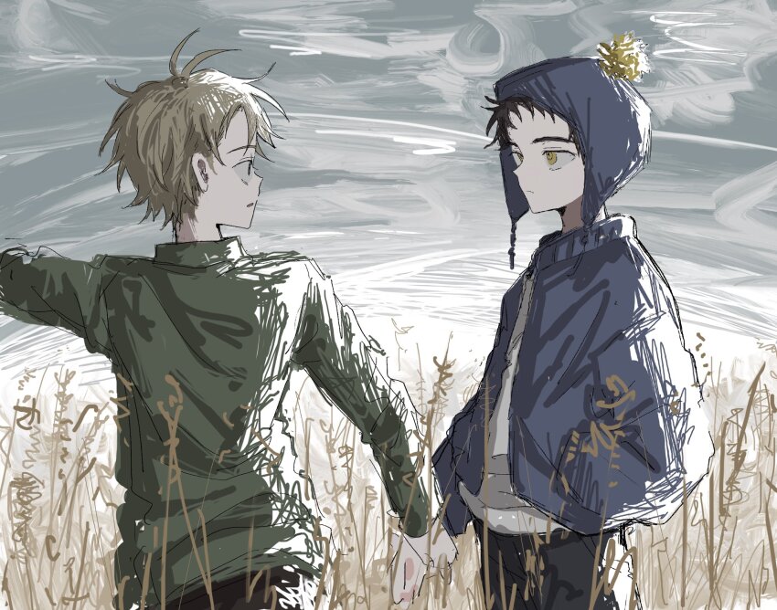 2boys black_hair black_pants blonde_hair blue_eyes blue_hat blue_jacket chullo craig_tucker green_jacket hat highres holding_hands jacket looking_at_another male_focus multiple_boys open_clothes open_jacket pants shirt short_hair sky south_park tweek_tweak wa_noko weeds white_shirt yellow_eyes